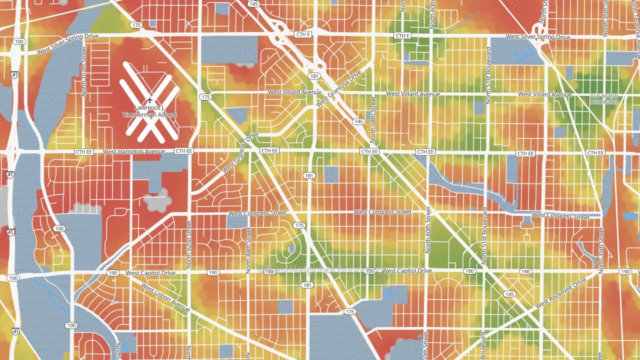 Walk Grade map of Columbus Park, Milwaukee, WI, walkable areas in green and car-dependent areas in red