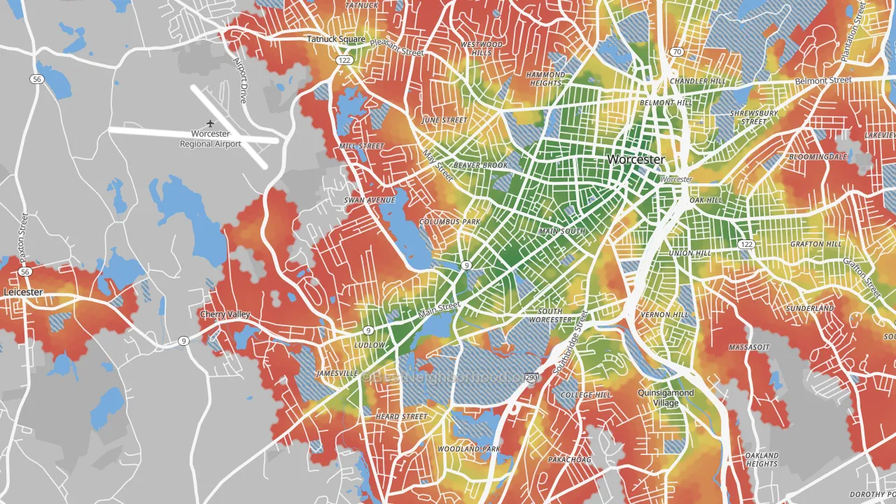 Walk Grade map of Columbus Park, Worcester, MA, walkable areas in green and car-dependent areas in red