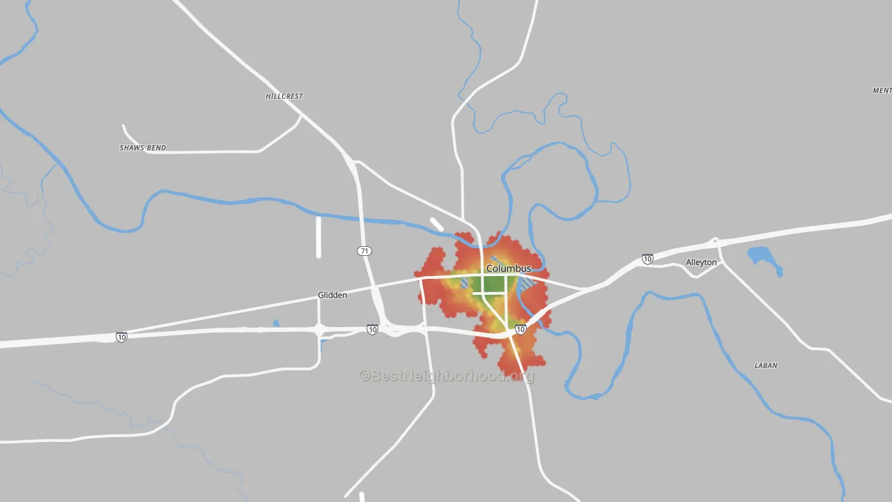 Walk Grade map of Columbus, TX, walkable areas in green and car-dependent areas in red