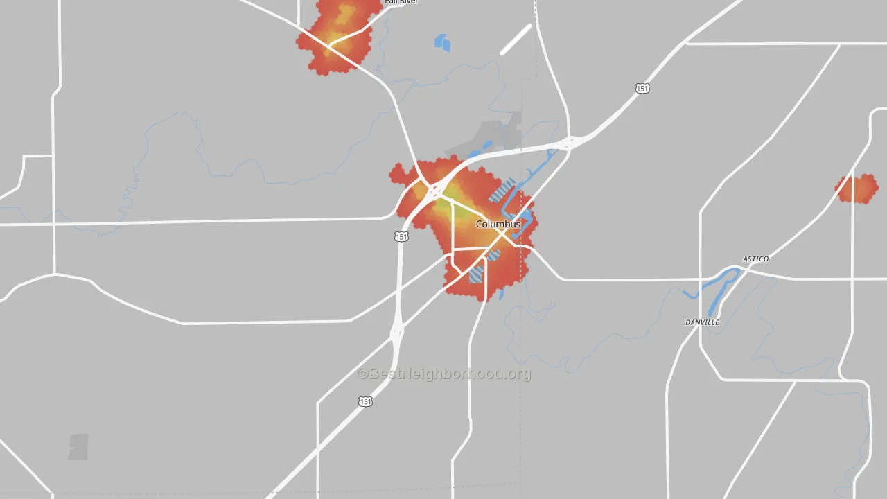 Walk Grade map of Columbus, WI, walkable areas in green and car-dependent areas in red