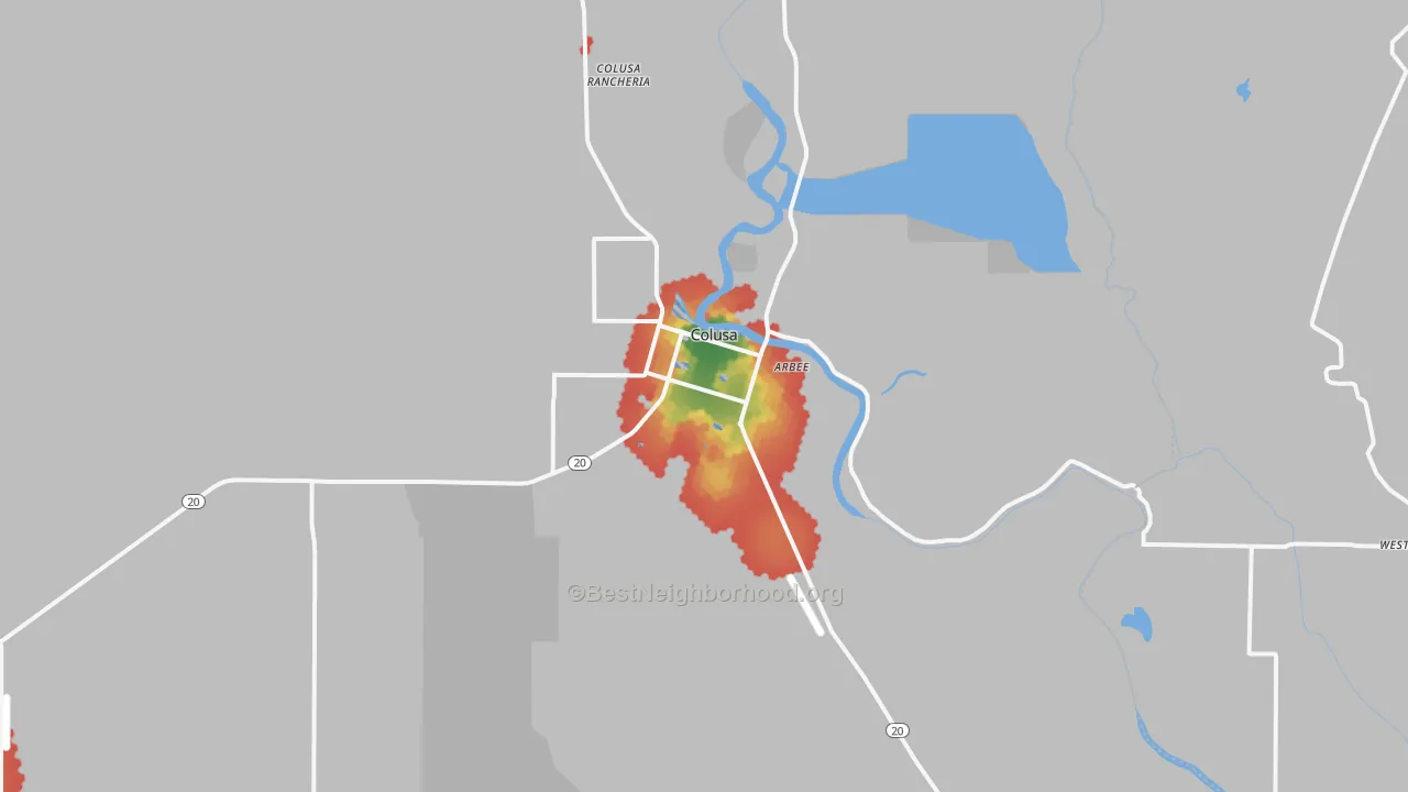 Walk Grade map of Colusa, CA, walkable areas in green and car-dependent areas in red