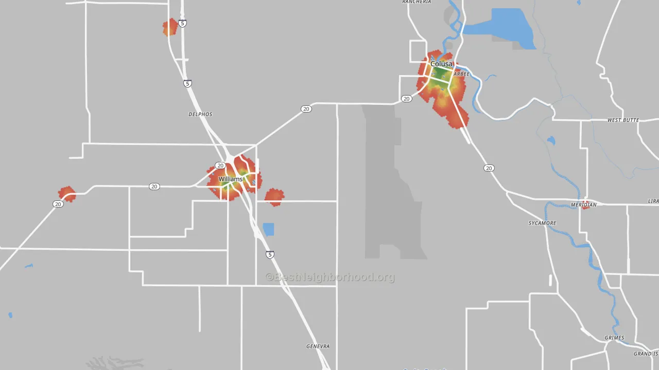 Walk Grade map of Colusa County, CA, walkable areas in green and car-dependent areas in red