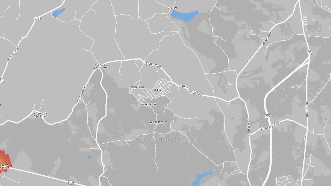 Walk Grade map of Colver, PA, walkable areas in green and car-dependent areas in red