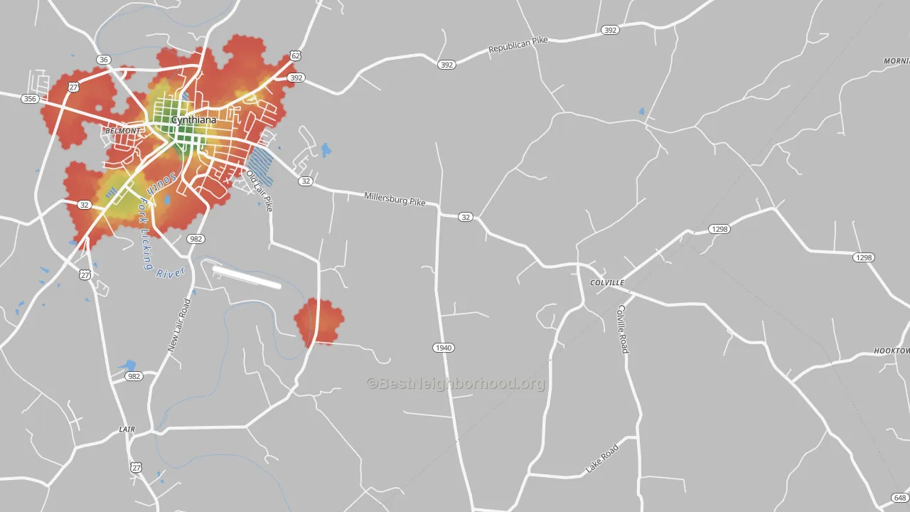 Walk Grade map of Colville, KY, walkable areas in green and car-dependent areas in red
