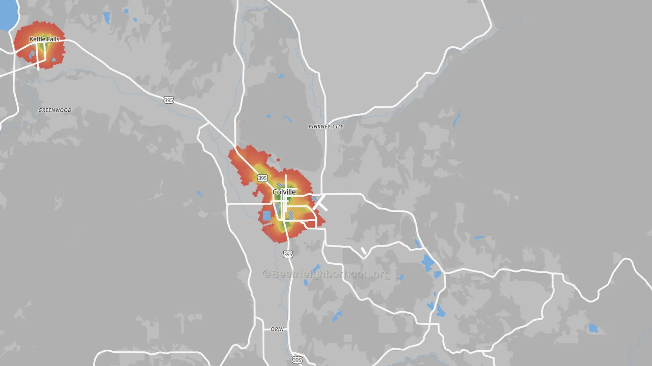 Walk Grade map of Colville, WA, walkable areas in green and car-dependent areas in red