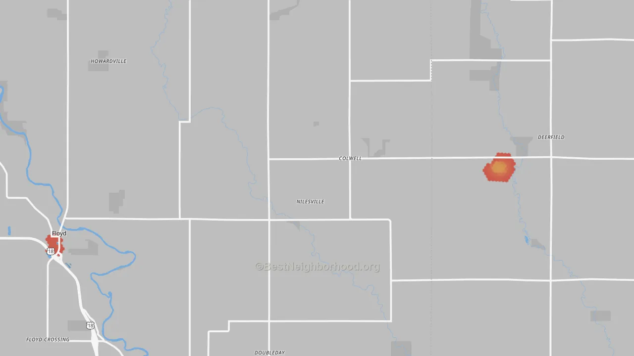 Walk Grade map of Colwell, IA, walkable areas in green and car-dependent areas in red
