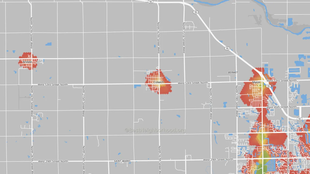 Walk Grade map of Colwich, KS, walkable areas in green and car-dependent areas in red