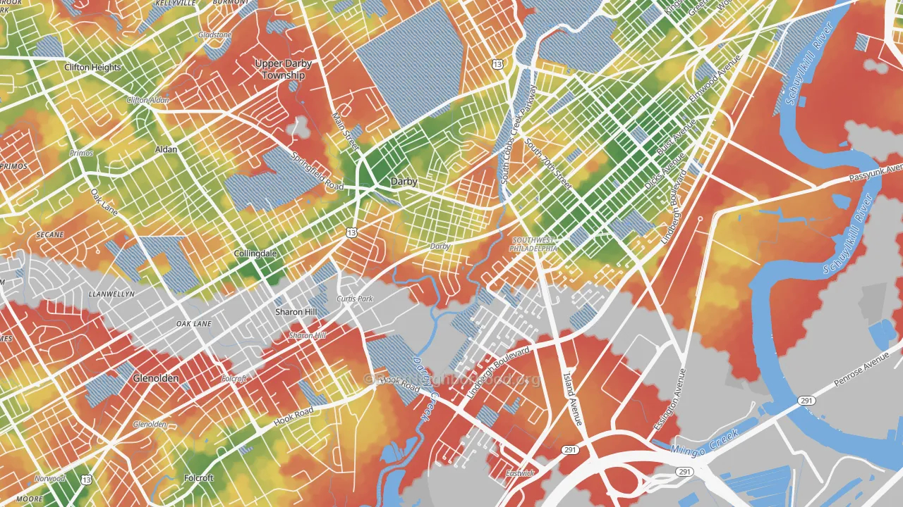 Walk Grade map of Colwyn, PA, walkable areas in green and car-dependent areas in red