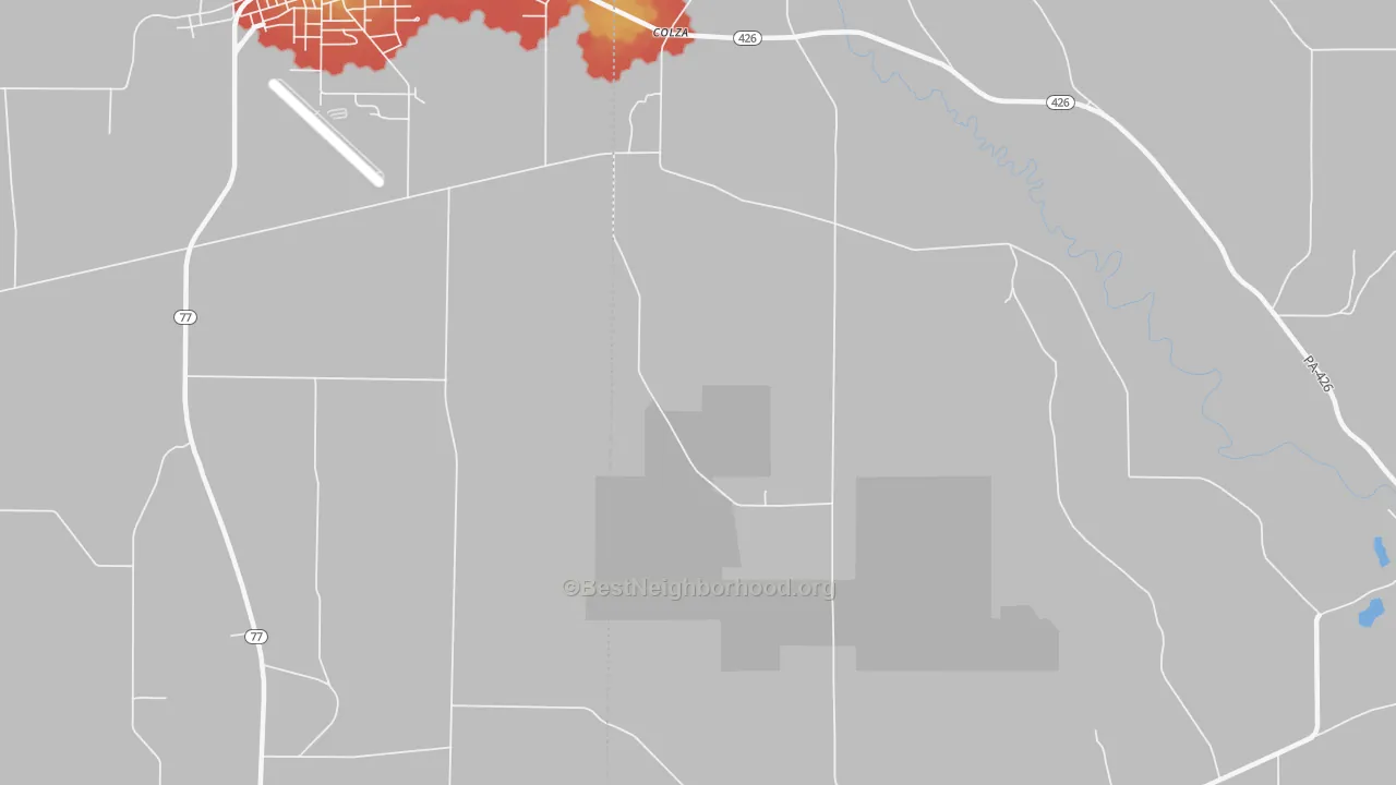 Walk Grade map of Colza, PA, walkable areas in green and car-dependent areas in red