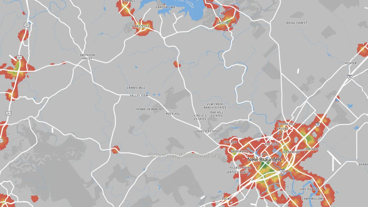 Walk Grade map of Comal County, TX, walkable areas in green and car-dependent areas in red