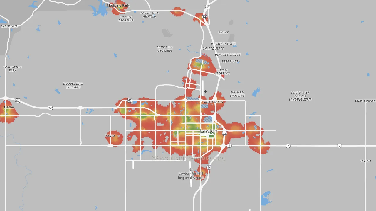Walk Grade map of Comanche County, OK, walkable areas in green and car-dependent areas in red
