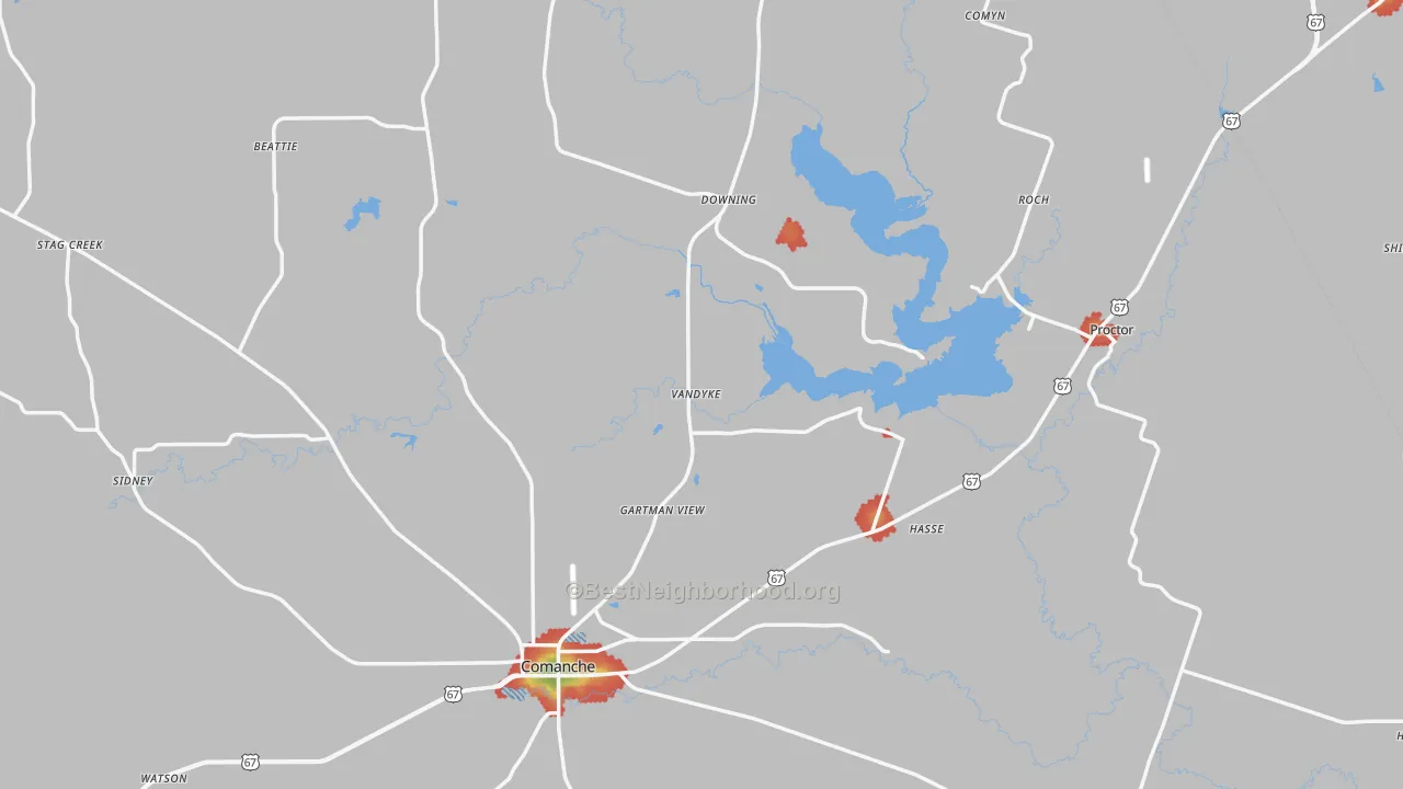 Walk Grade map of Comanche County, TX, walkable areas in green and car-dependent areas in red