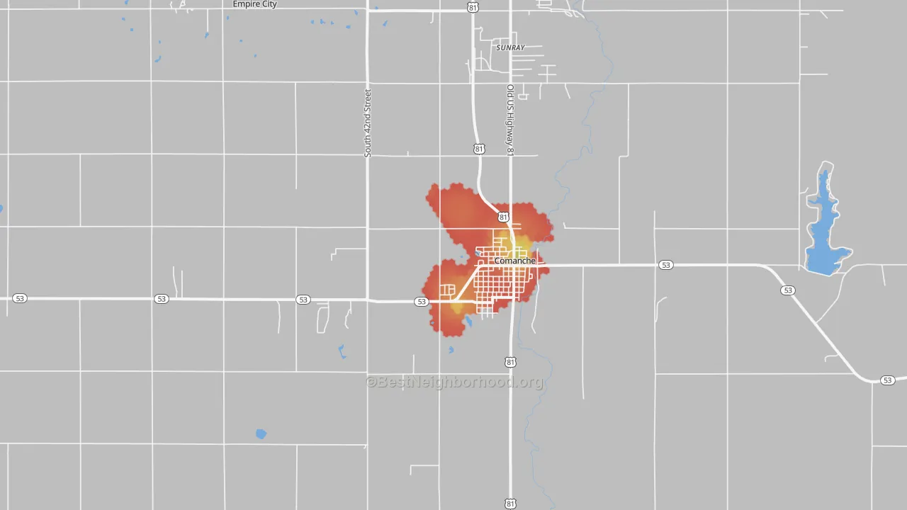 Walk Grade map of Comanche, OK, walkable areas in green and car-dependent areas in red