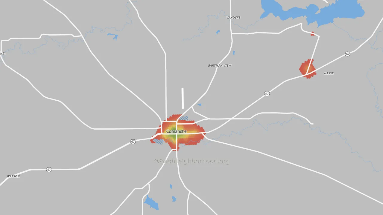Walk Grade map of Comanche, TX, walkable areas in green and car-dependent areas in red