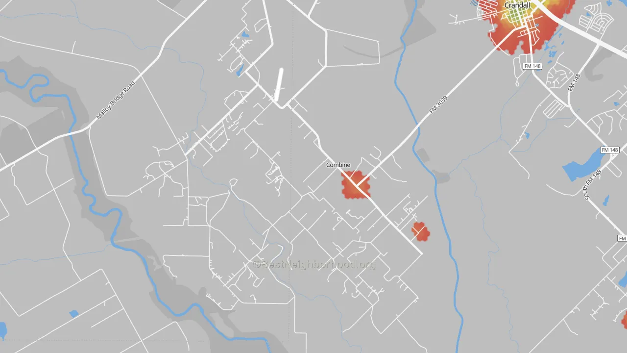 Walk Grade map of Combine, TX, walkable areas in green and car-dependent areas in red