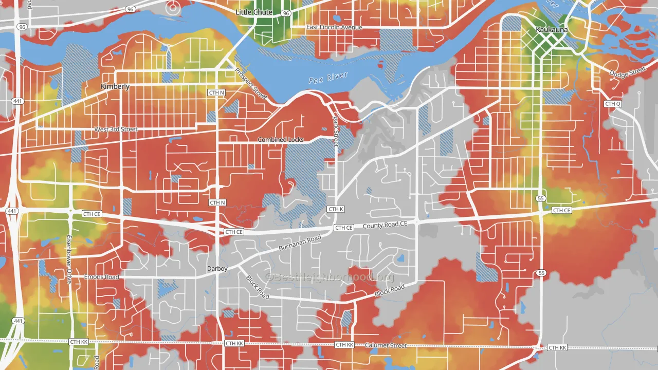 Walk Grade map of Combined Locks, WI, walkable areas in green and car-dependent areas in red