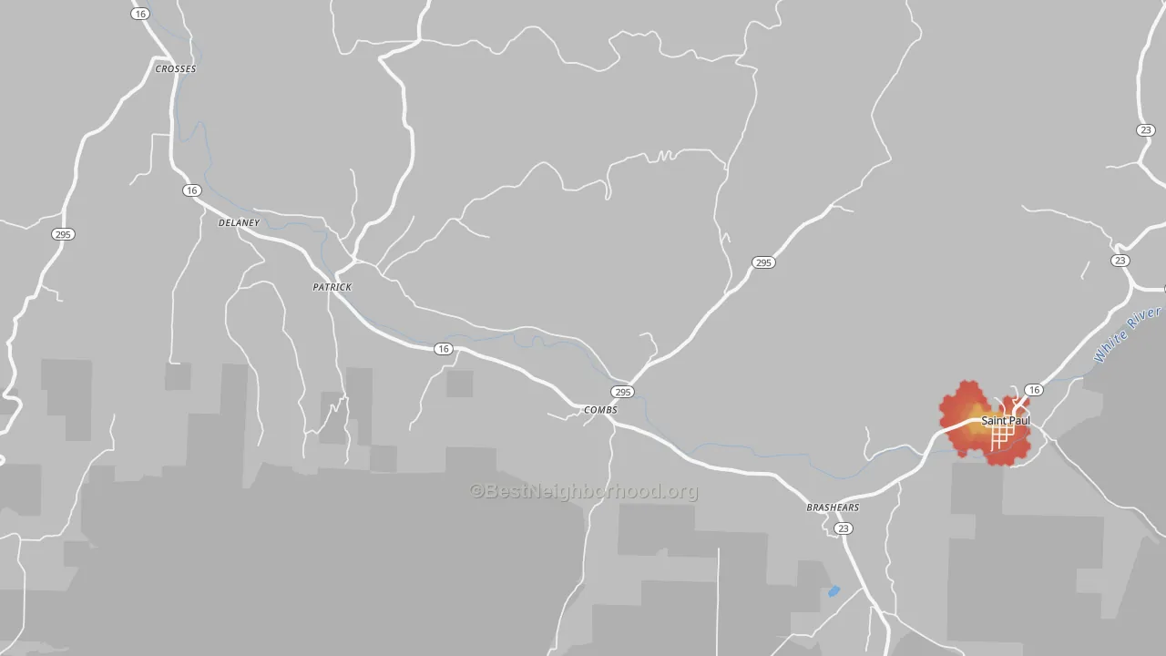 Walk Grade map of Combs, AR, walkable areas in green and car-dependent areas in red
