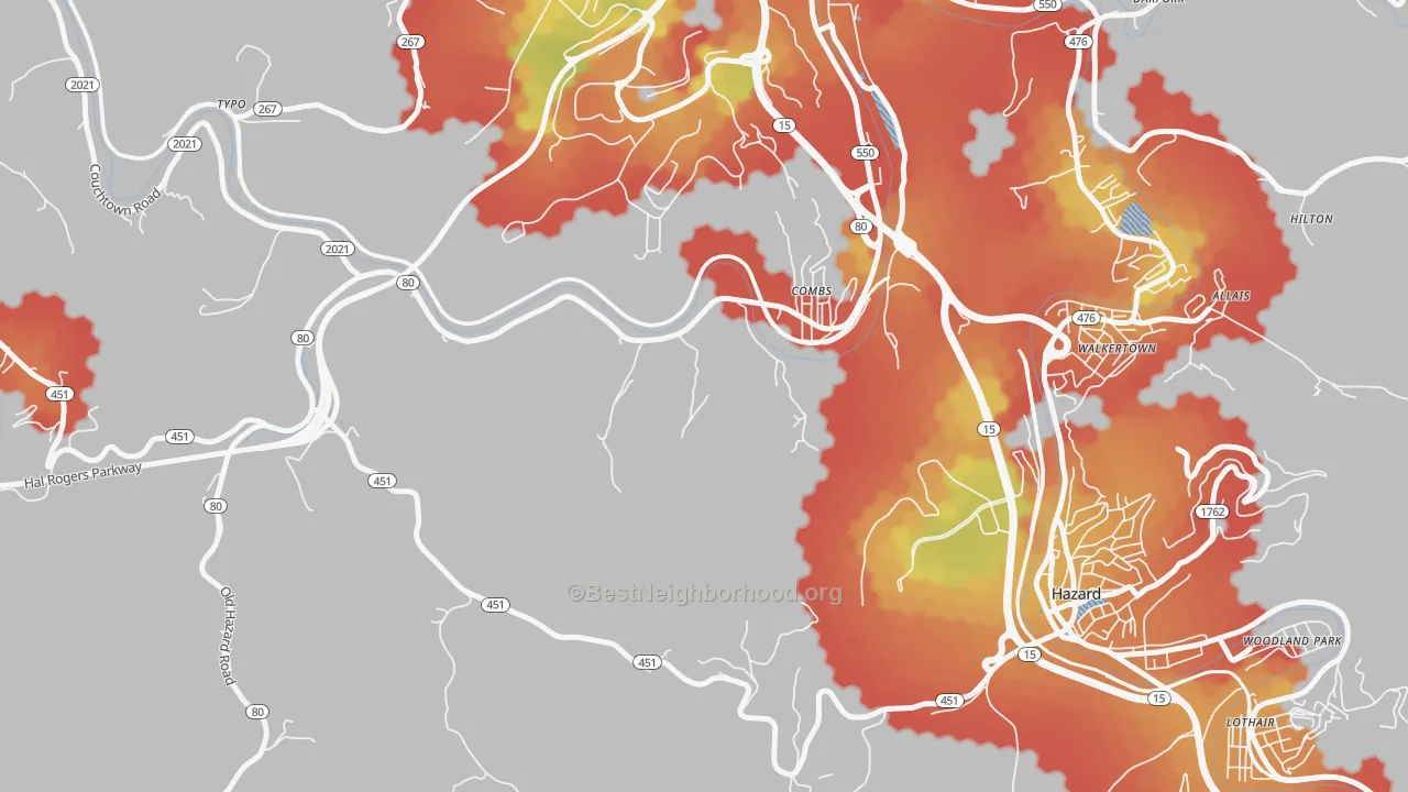 Walk Grade map of Combs, KY, walkable areas in green and car-dependent areas in red