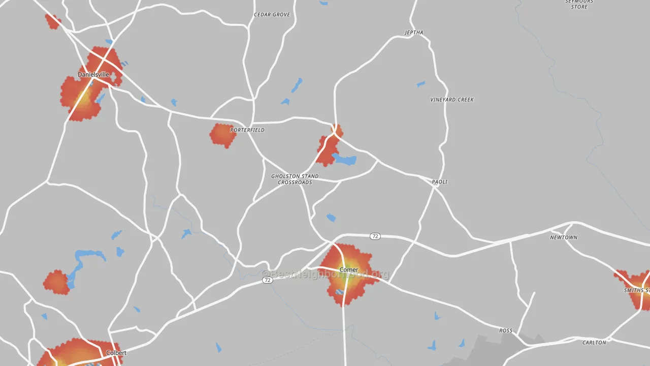 Walk Grade map of Comer, GA, walkable areas in green and car-dependent areas in red