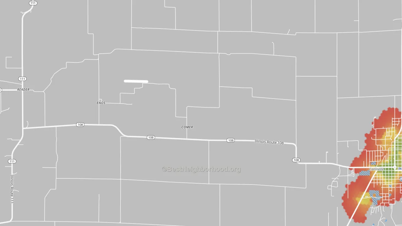 Walk Grade map of Comer, IL, walkable areas in green and car-dependent areas in red
