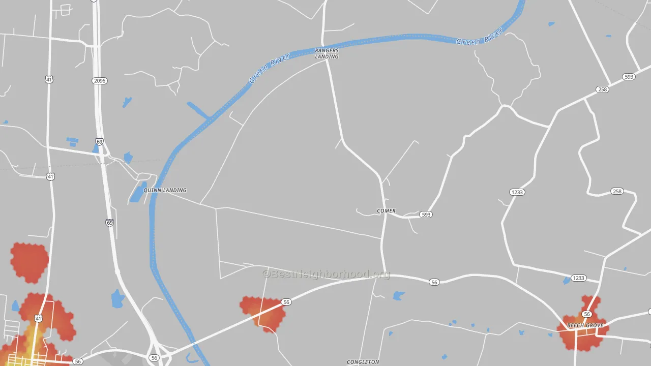Walk Grade map of Comer, KY, walkable areas in green and car-dependent areas in red