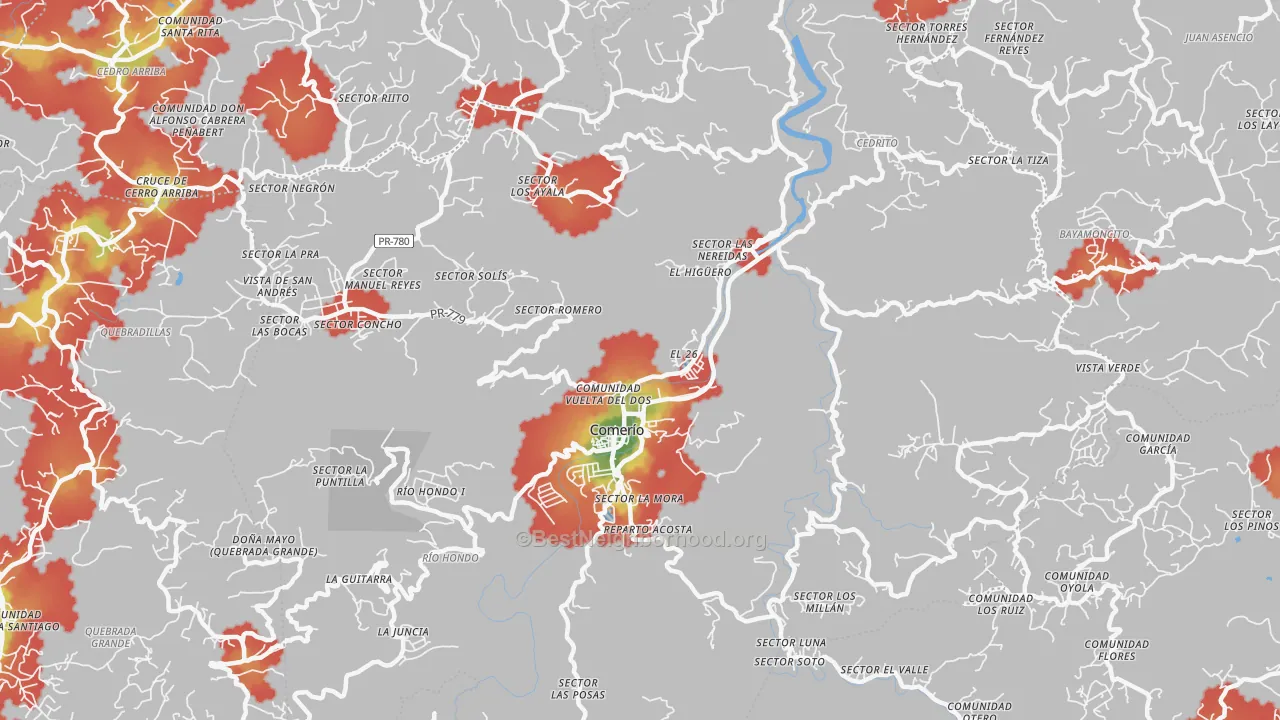 Walk Grade map of Comerio Municipio, PR, walkable areas in green and car-dependent areas in red
