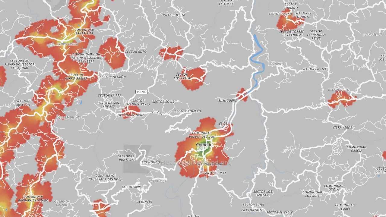 Walk Grade map of Comerio, PR, walkable areas in green and car-dependent areas in red