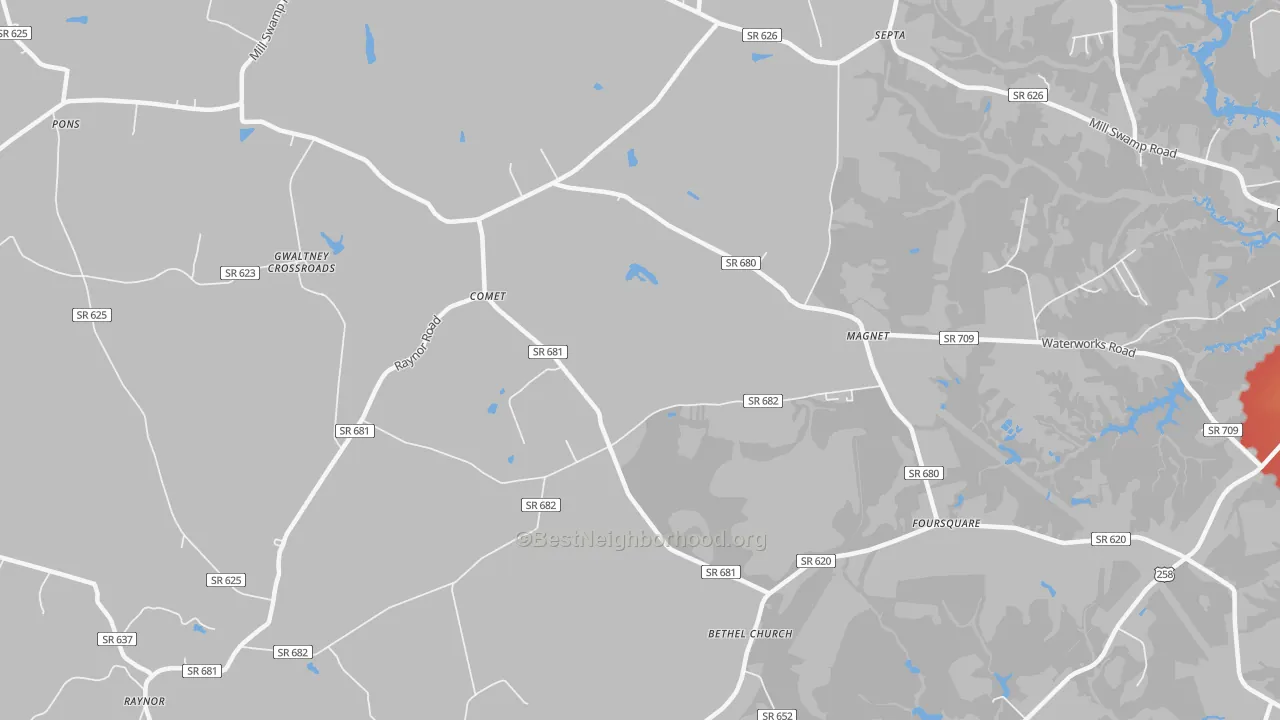 Walk Grade map of Comet, VA, walkable areas in green and car-dependent areas in red