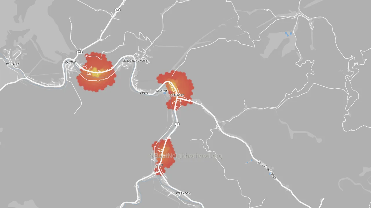 Walk Grade map of Comfort, WV, walkable areas in green and car-dependent areas in red