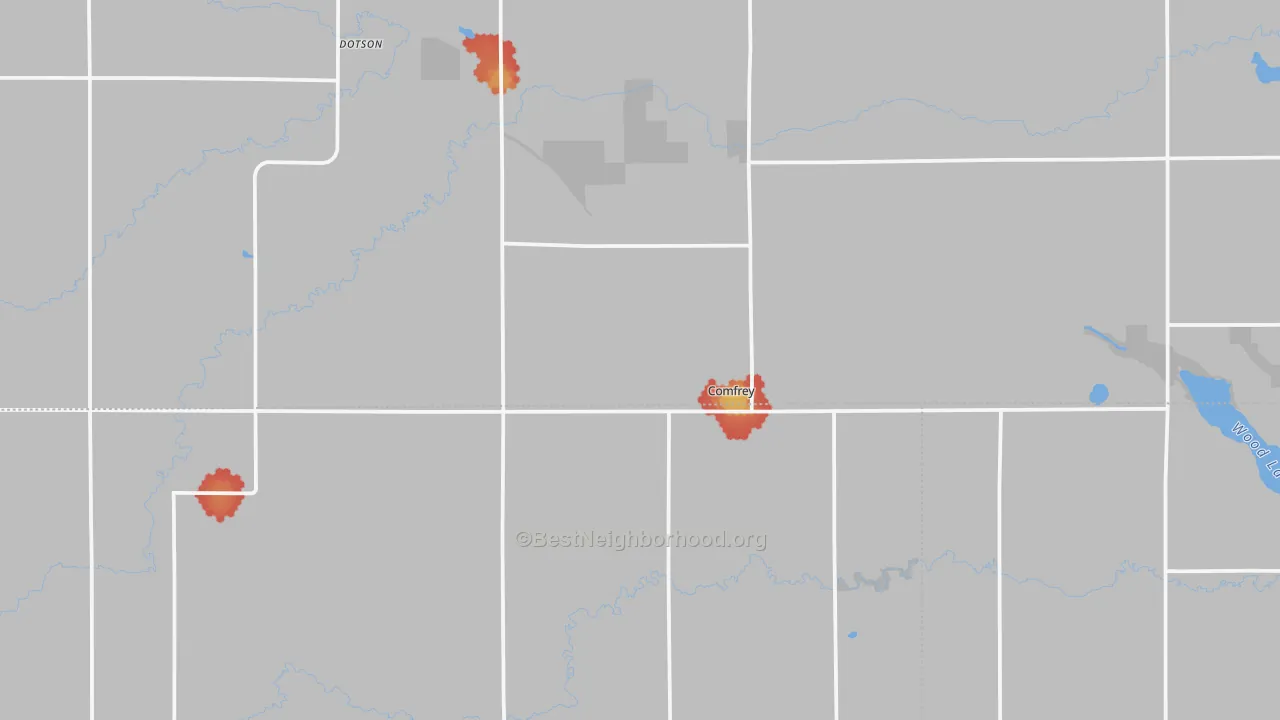 Walk Grade map of Comfrey, MN, walkable areas in green and car-dependent areas in red