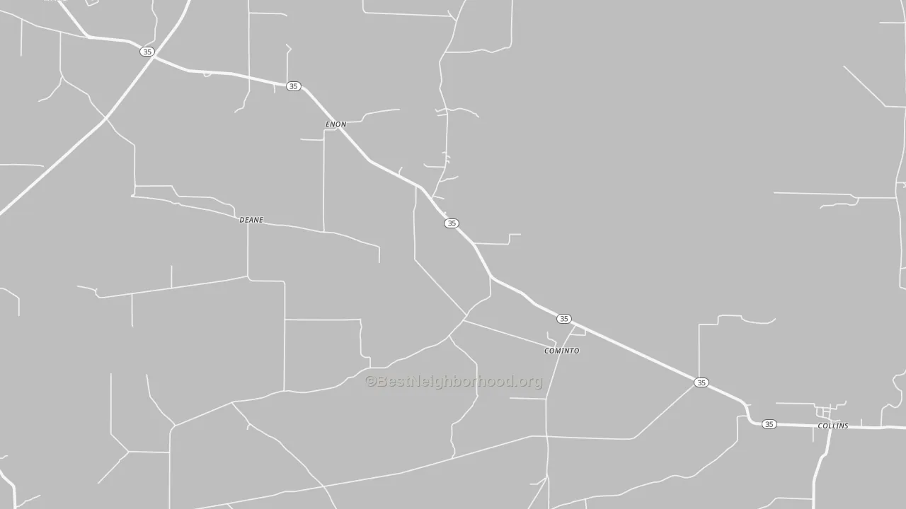 Walk Grade map of Cominto, AR, walkable areas in green and car-dependent areas in red