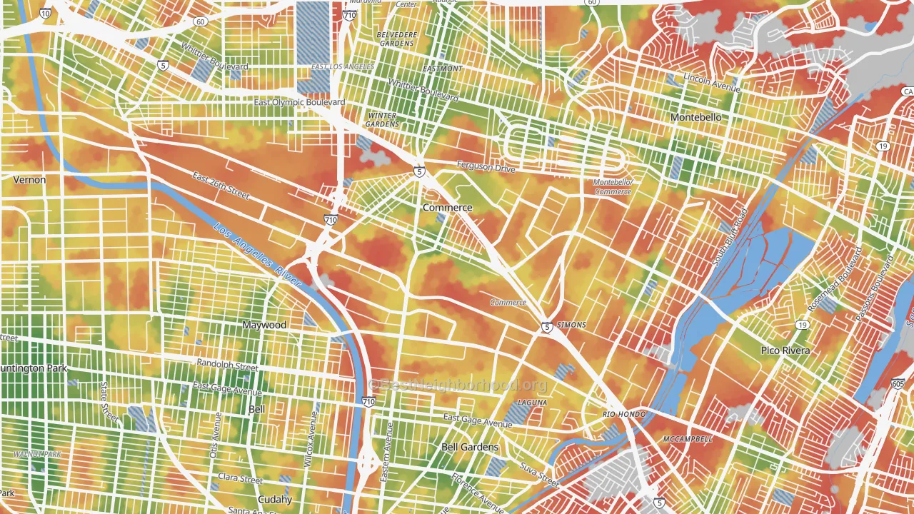 Walk Grade map of Commerce, CA, walkable areas in green and car-dependent areas in red