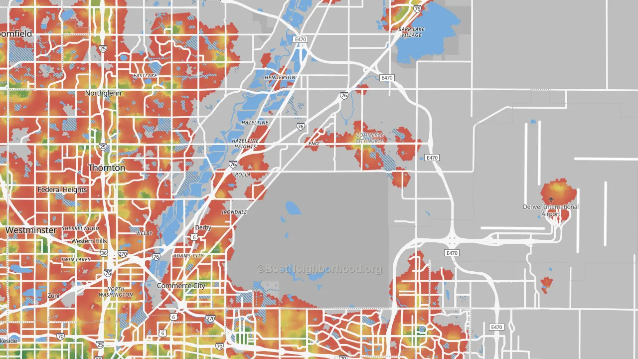 Walk Grade map of Commerce City, CO, walkable areas in green and car-dependent areas in red