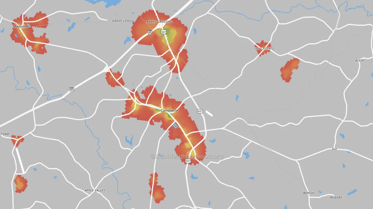 Walk Grade map of Commerce, GA, walkable areas in green and car-dependent areas in red