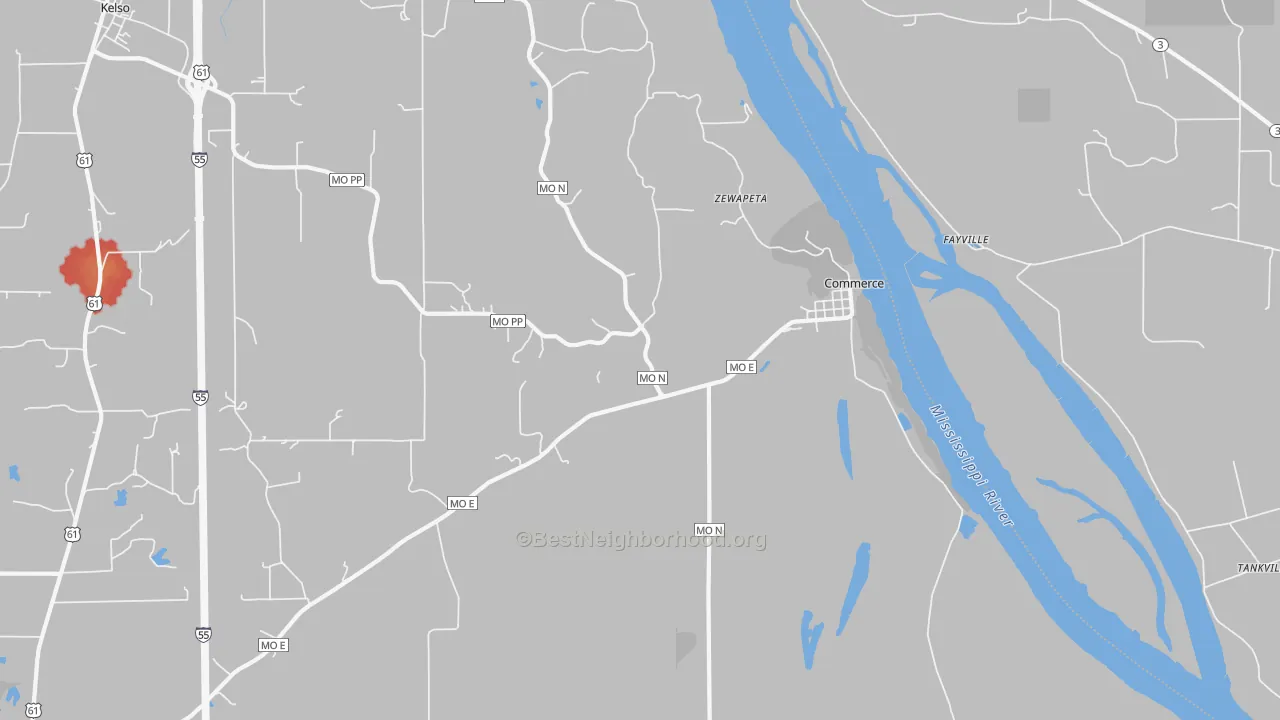 Walk Grade map of Commerce, MO, walkable areas in green and car-dependent areas in red