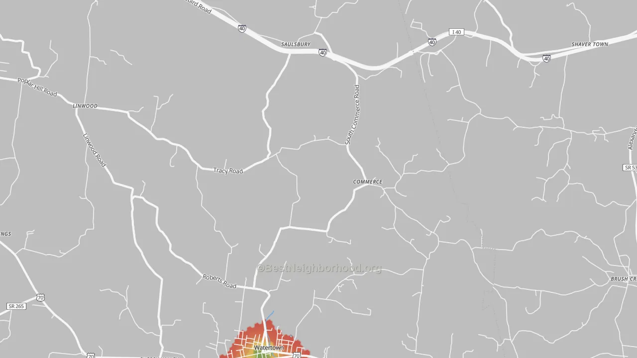 Walk Grade map of Commerce, TN, walkable areas in green and car-dependent areas in red