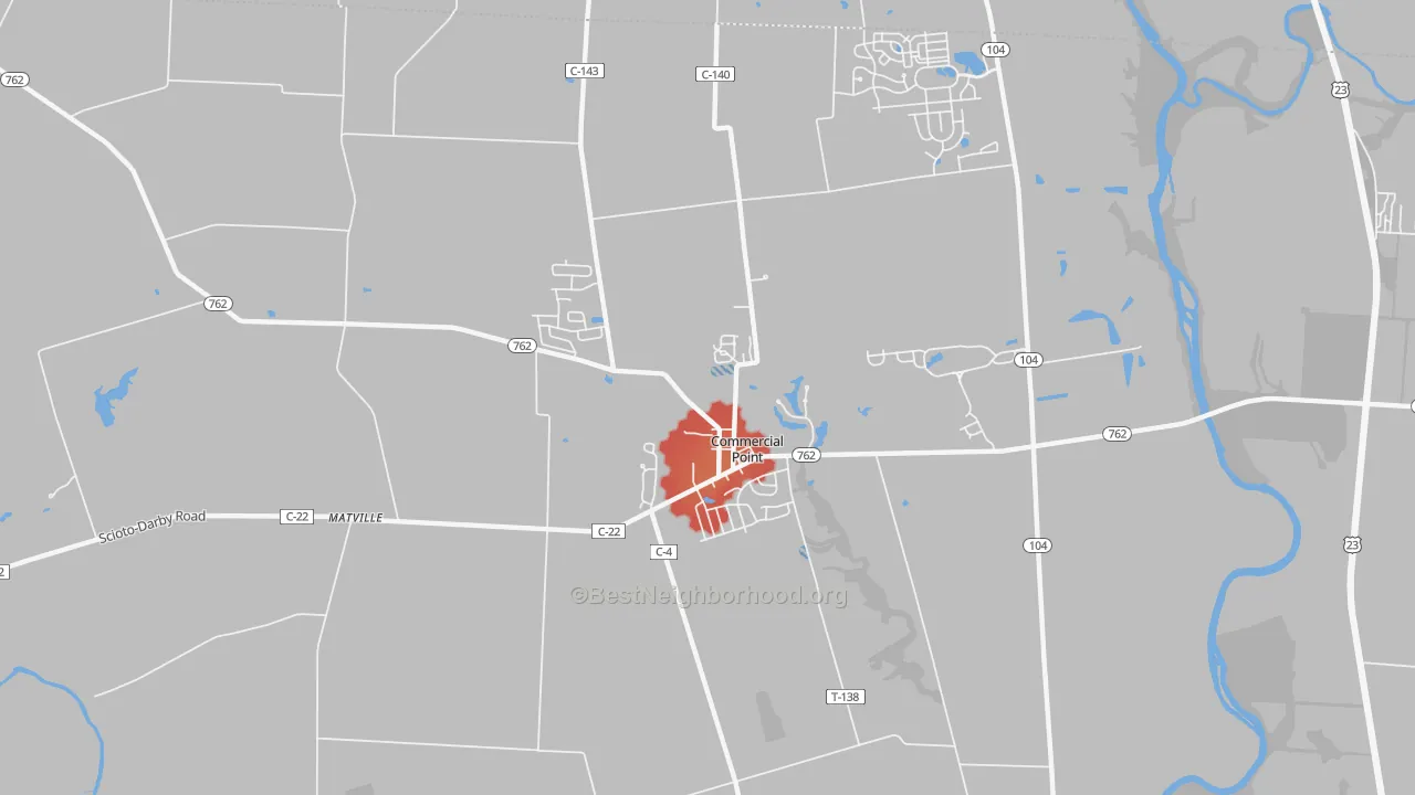 Walk Grade map of Commercial Point, OH, walkable areas in green and car-dependent areas in red