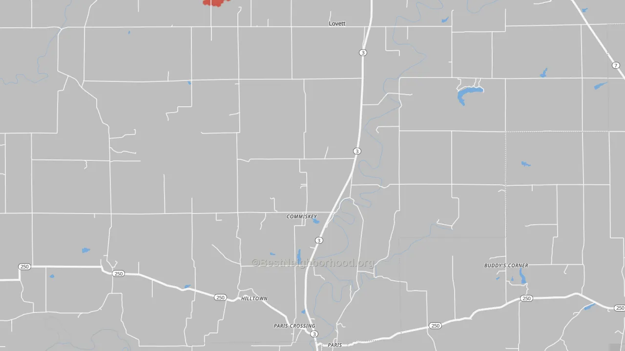 Walk Grade map of Commiskey, IN, walkable areas in green and car-dependent areas in red