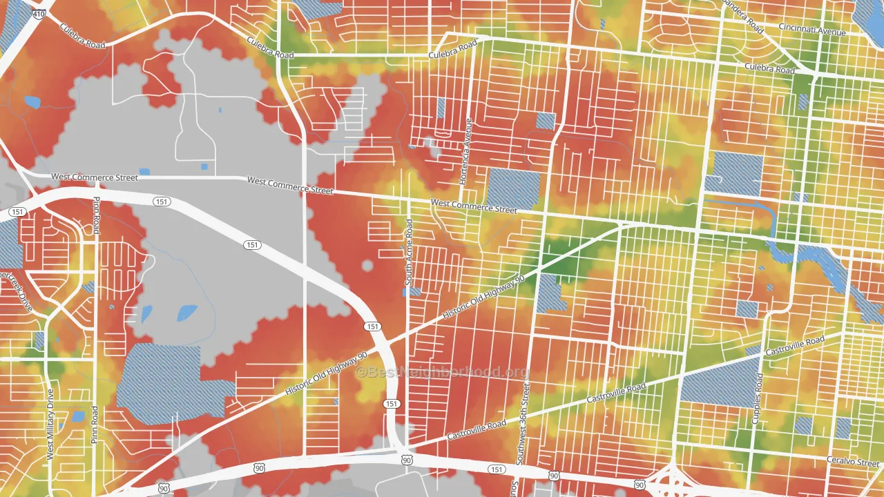 Walk Grade map of Community Workers Council, San Antonio, TX, walkable areas in green and car-dependent areas in red