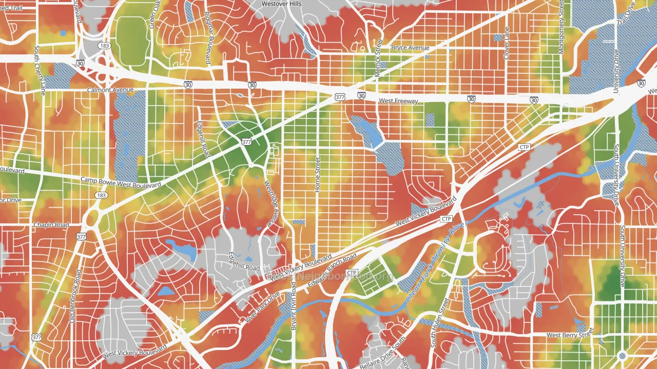 Walk Grade map of Como, Fort Worth, TX, walkable areas in green and car-dependent areas in red