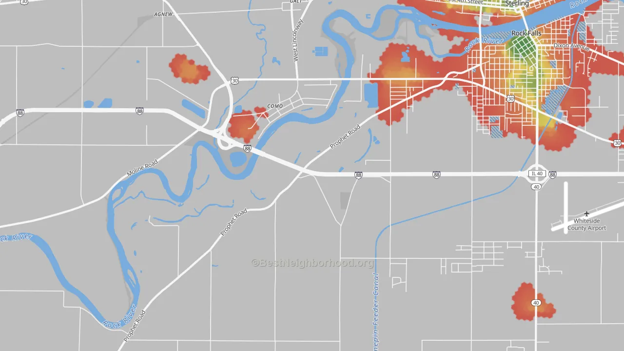 Walk Grade map of Como, IL, walkable areas in green and car-dependent areas in red