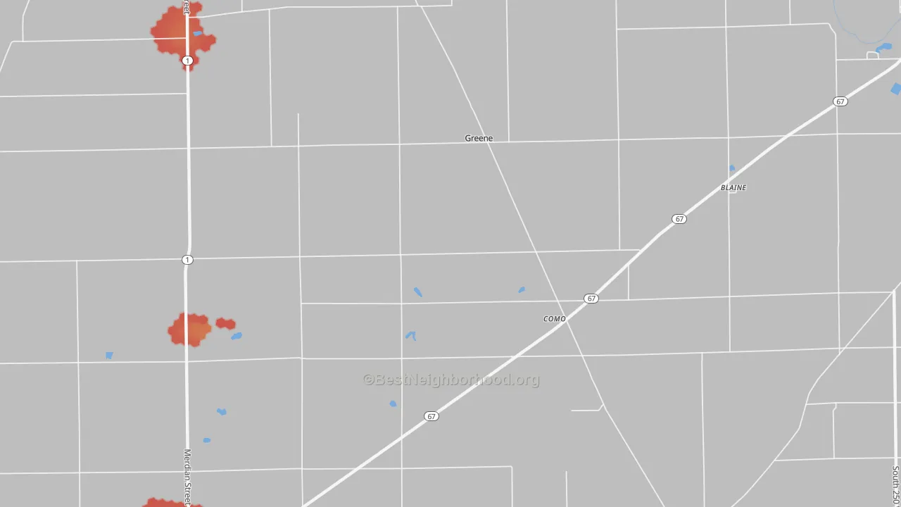 Walk Grade map of Como, IN, walkable areas in green and car-dependent areas in red