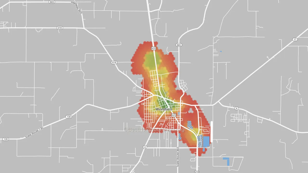 Walk Grade map of Como, LA, walkable areas in green and car-dependent areas in red