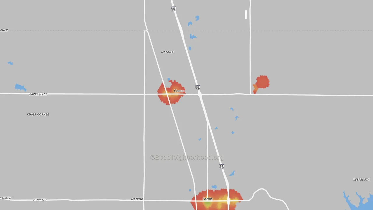 Walk Grade map of Como, MS, walkable areas in green and car-dependent areas in red