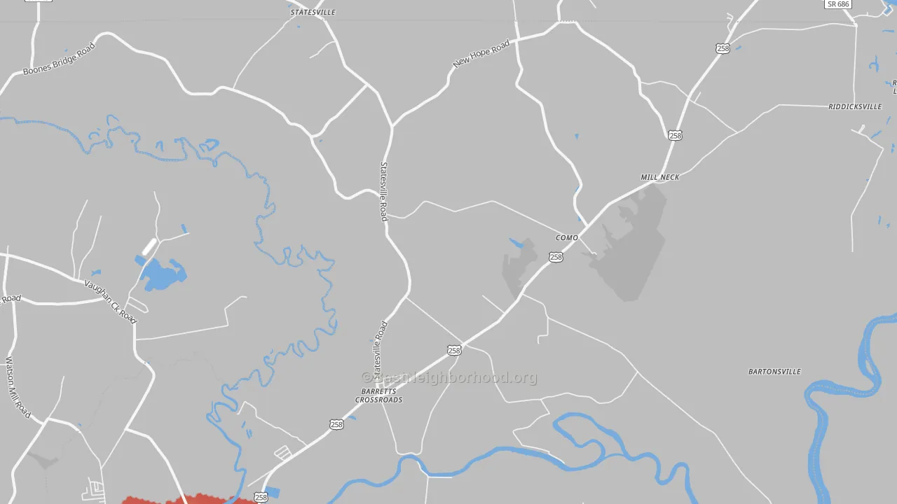 Walk Grade map of Como, NC, walkable areas in green and car-dependent areas in red