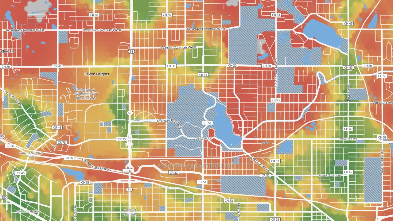 Walk Grade map of Como, St. Paul, MN, walkable areas in green and car-dependent areas in red