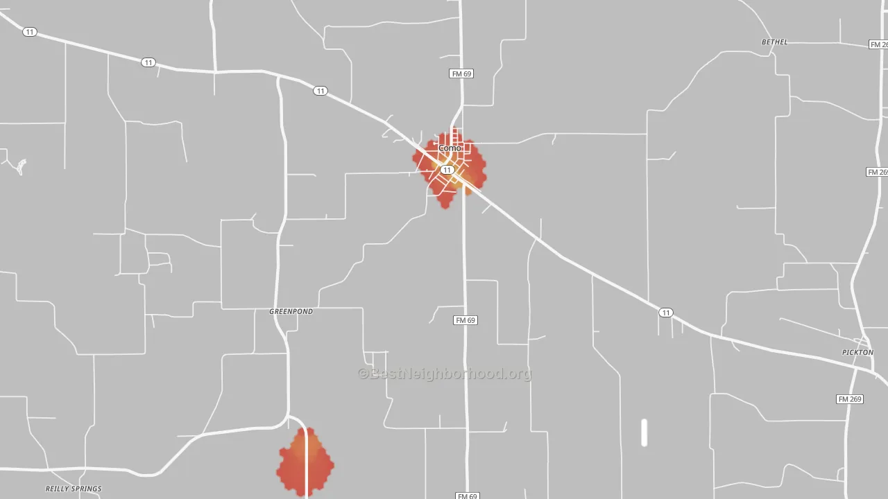 Walk Grade map of Como, TX, walkable areas in green and car-dependent areas in red
