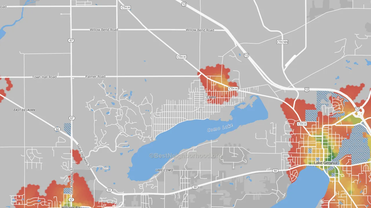 Walk Grade map of Como, WI, walkable areas in green and car-dependent areas in red