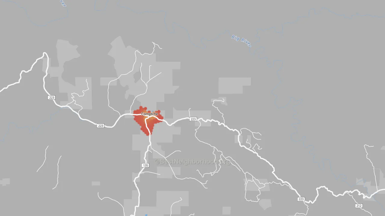 Walk Grade map of Comptche, CA, walkable areas in green and car-dependent areas in red