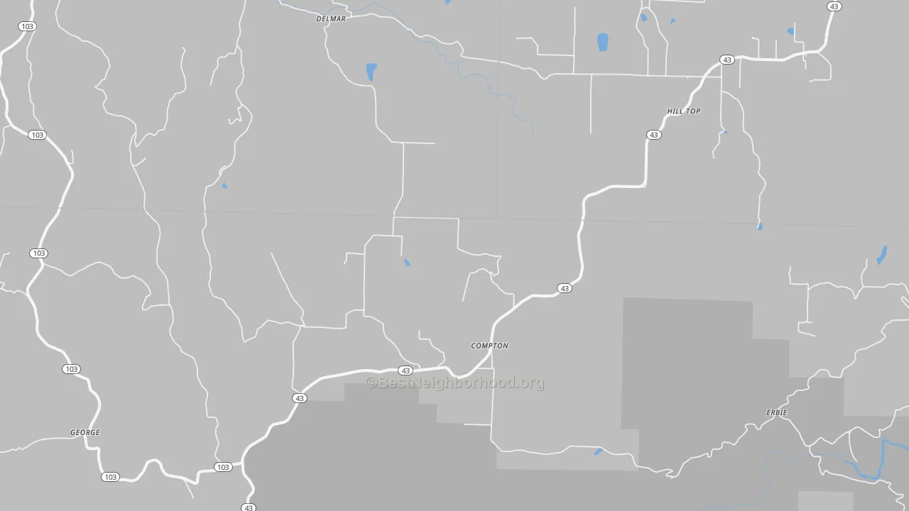 Walk Grade map of Compton, AR, walkable areas in green and car-dependent areas in red